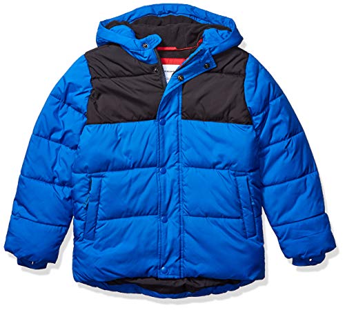 Amazon Essentials Heavy-Weight Hooded Puffer dress-coats, Cobalt Color Block, Small