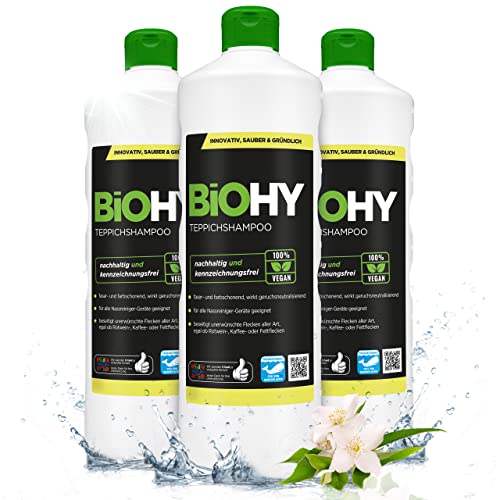 BIOHY Teppichshampoo Konzentrat 3 x 1 Liter Flaschen | Teppichreiniger ideal zur Entfernung von hartnäckigen Flecken | SPEZIELL FÜR WASCHSAUGER ENTWICKELT