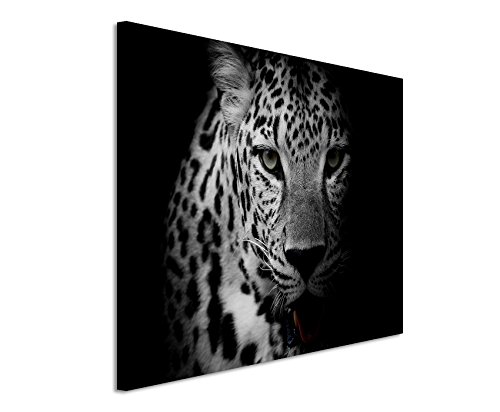 Unique Fotoleinwand 120x80cm Tierbilder – Porträt eines Leoparden schwarz weiß