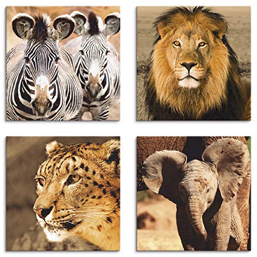 Artland Leinwandbilder auf Holz Wandbild Bild Set 4 teilig je 40x40 cm Quadratisch Tiere Braun Afrika Zebras Löwe Schneeleopard Elefanten C1RD