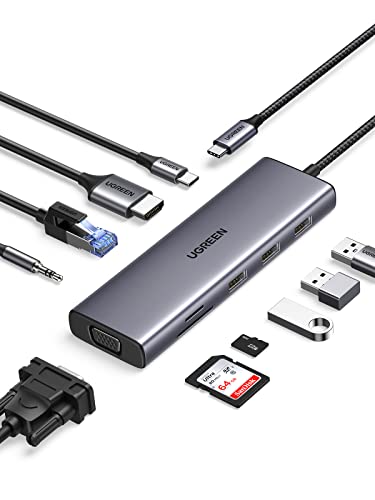 UGREEN USB C Docking Station 10 IN 1 USB C Hub mit 4K HDMI, VGA, 3 x USB A 3.0, PD 100W, Ethernet, 3.5mm Audio, SD/TF kompatibel mit MacBook Air/Pro, iPad Pro/Air, Surface Pro/Go, Galaxy S23/S22 usw.