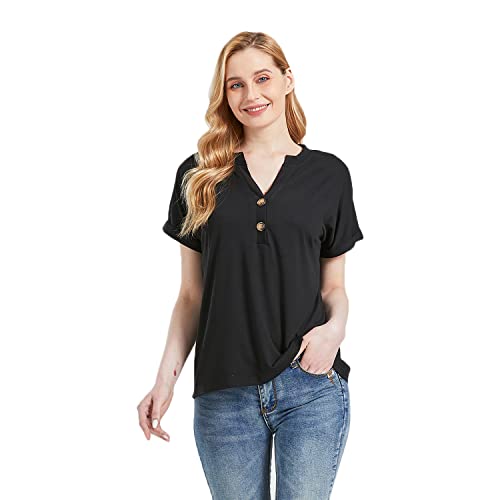 nitescuba T-Shirt Dame V-Ausschnitt Kurzarm Oversize Elegant Oberteil Baumwolle Blusen Activewear-Shirts Sommer Tops,Schwarz,S