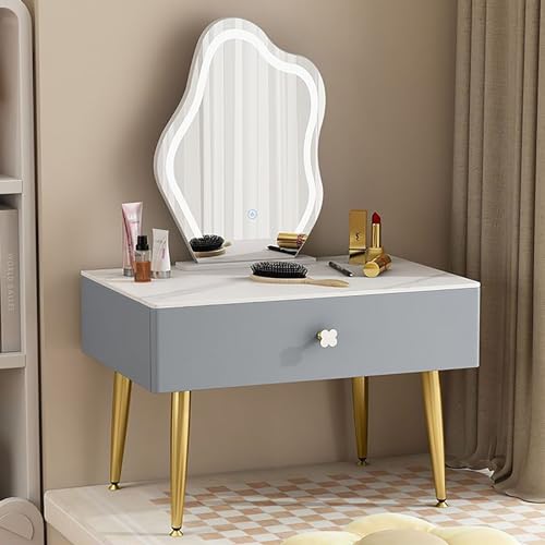 zxhrybh Schminktisch mit Spiegel, Make Up Tisch, Schminktisch mit Schubladen für Schlafzimmer und Erkerfenster (Color : Gray+Gold Legs, Size : 23.6in/60cm)