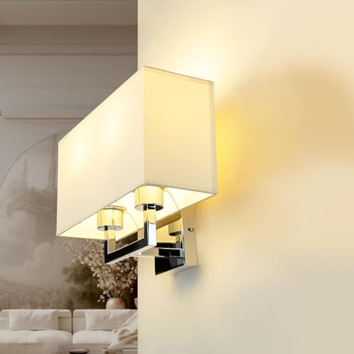 HOTEL Moderne Wandlampe Stoff Schirm Stahl in Chrom Natur 2-flammig E27 Wandleuchte Schlafzimmer