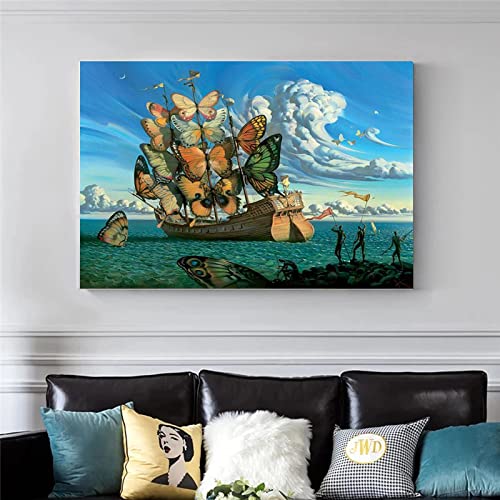 Xinmei Art Salvador Dali Schiff mit Schmetterling HD-Druck Leinwand Gemälde Poster und Drucke Wandkunst Bild für Wohnzimmer Wohnkultur 80 x 123 cm mit Rahmen
