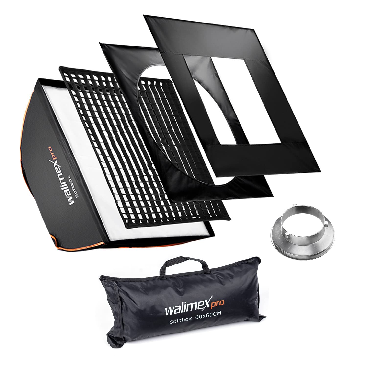 Walimex pro Softbox mit Gitter 60x60cm I Inkl Aurora Bowens Adapter 3cm Grid Masken Diffusor Lichtformer 360° drehbar hitzeresistent I Ideal für Produktfotografie, Fotolicht für Unterwegs & im Studio