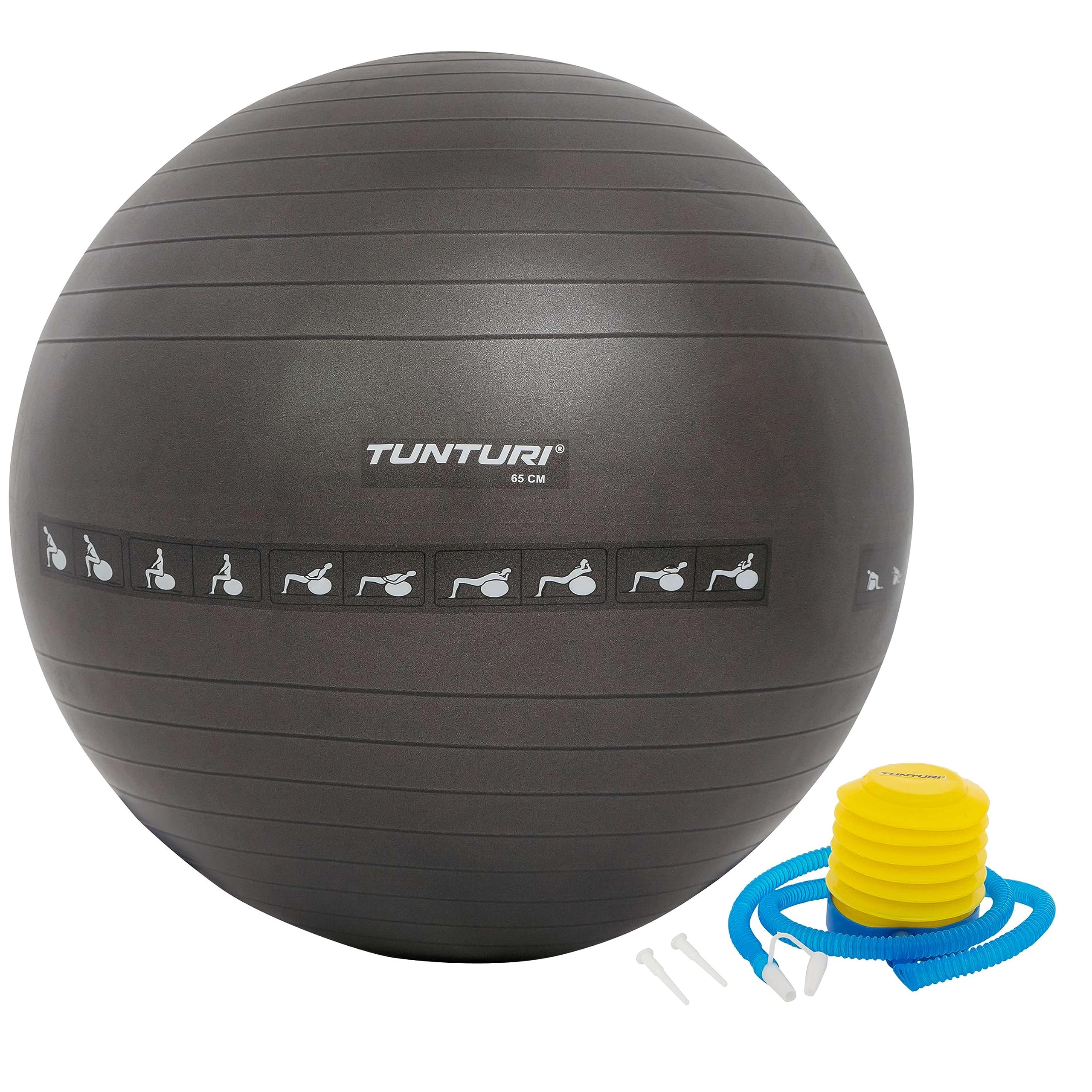 Tunturi Anti Burst Fitnessball mit Pumpe - Yoga-Ball 65 cm - Pilates-Ball - Schwangerschaftsball – 220 kg Benutzergewicht - Inklusive Trainings-App – Schwarz