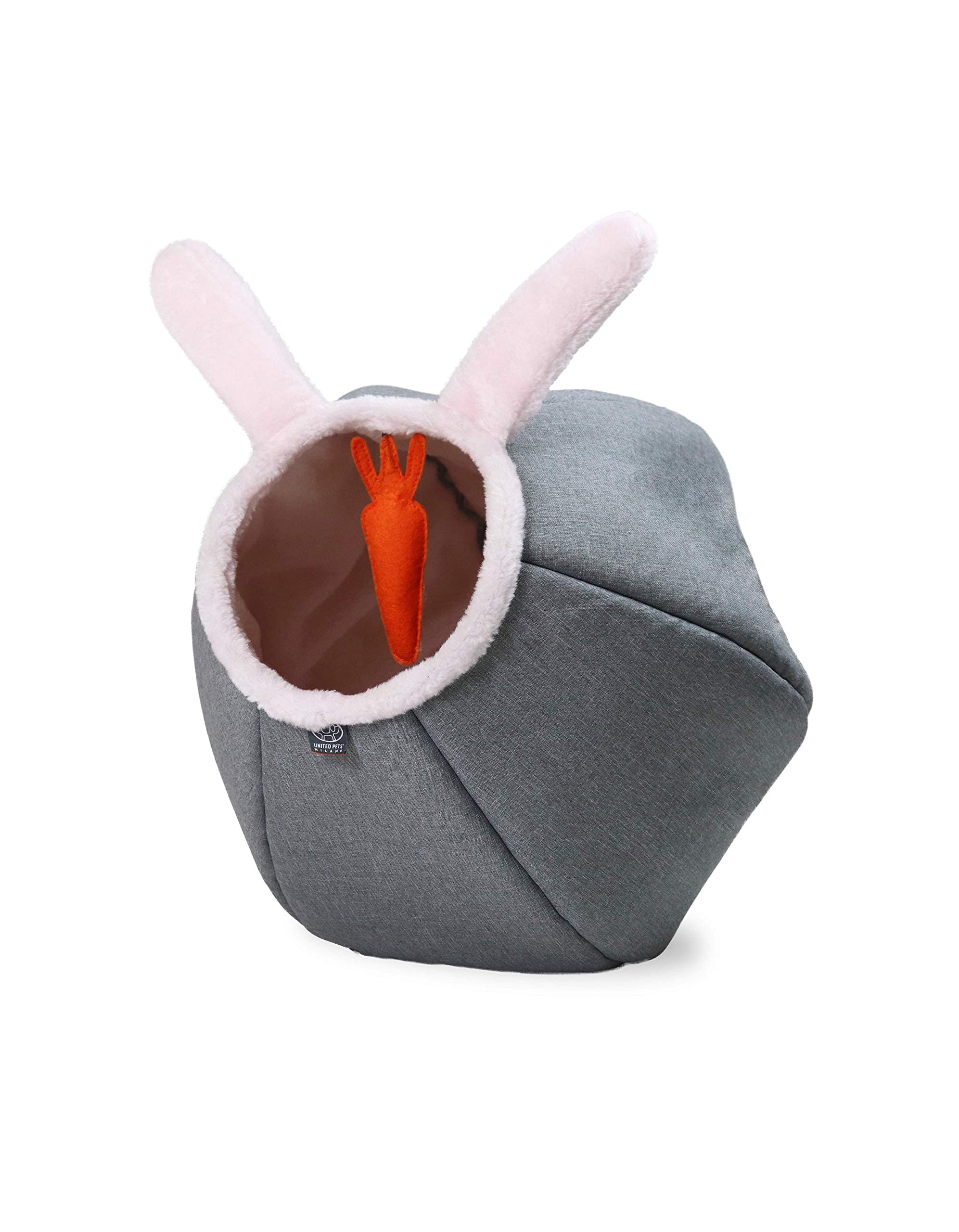 United Pets Cat Cave Bunny mit Spielball, Design, lustiges Karotten Plüschspiel, weiches Bett für Katzen, Grau