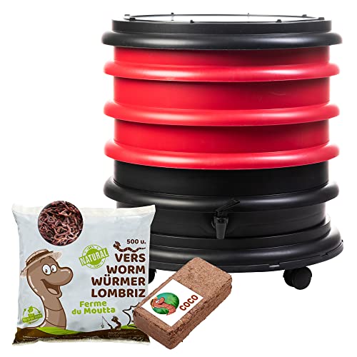 WORMbox | Wurmkomposter Wurmfarm Wurmkiste mit 3 Schalen Rot + 250g Kompostwürmer / 500 STK + 1 Coco | 48 Liter | Regenwurmkomposter, Kompostwürmer produzieren Wurmhumus