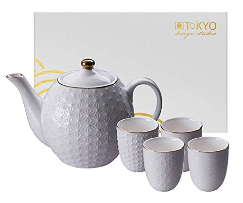 TOKYO design studio Nippon White Tee-Set weiß, 5-TLG, mit Gold-Rand, 1x Tee-Kanne Stars 1,3 l und 4X Tee-Tassen 160 ml, asiatisches Porzellan, Japanisches Design, inkl. Geschenk-Verpackung