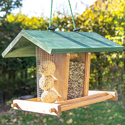 zooprinz Vogelhaus zum aufhängen – nachhaltiger Vogelfutterspender mit stabilen Sitzstangen und Schutz-Dach für Wildvögel – witterungsbeständig und langlebig – Mit Seil