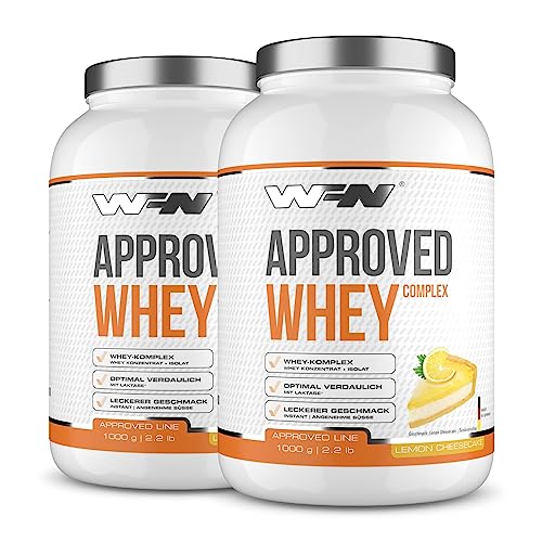 WFN Approved Whey - Whey Proteinpulver - Lemon Cheesecake - 2x 1 kg - Mit Whey Protein Isolat & Laktase - Sehr gut lösliches Eiweißpulver - 66 Portionen - Made in Germany - Extern Laborgeprüft