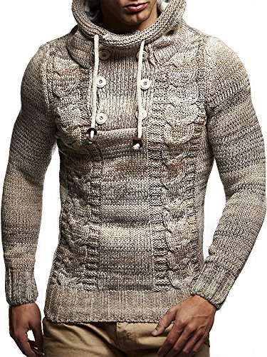 Leif Nelson Herren Strick-Pullover Strick-Pulli mit Kapuze Moderner Winter Woll-Pullover Langarm-Sweatshirt Slim Fit LN20227 Beige Medium