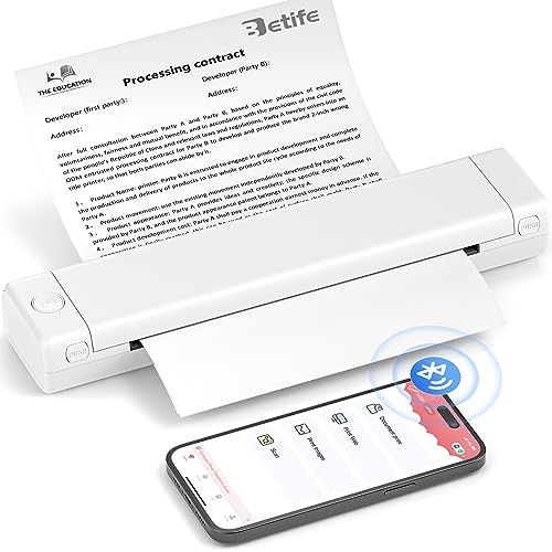 Betife Tragbarer Mobiler Drucker A4 Bluetooth Mini Drucker für die Reise, Kabelloser Thermodrucker ohne patronen unterstützt Thermopapier 210 x 297mm, Kompatibel mit Android iOS Mac (Weiß)