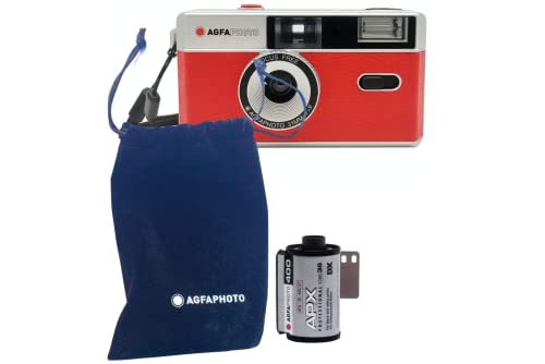 AgfaPhoto analoge 35mm Kleinbildfilm Foto Kamera rot im Set: Schwarz/Weiß Bilder Film + Batterie