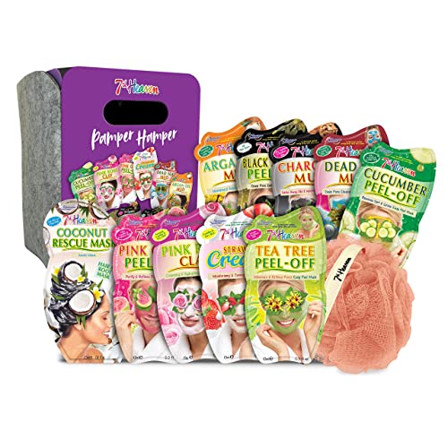 7th Heaven Pamper Hamper Geschenkset enthält eine Vielzahl von PeelOff und Schlamm Face Mask, Haarrettungsmaske, PeelingKörperpuff und Filz Präsentations box, grau, 12 Stück (1erPack)