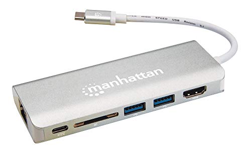 Manhattan 152075 USB-C Multiport-Adapter USB 3.1 Typ C-Stecker auf HDMI-Buchse (4K@30Hz) Zwei USB 3.0 Typ A-Ports USB-C Power Delivery (PD)-Port Gigabit RJ45-Port SD Card Reader Aluminiumgehäuse Grau