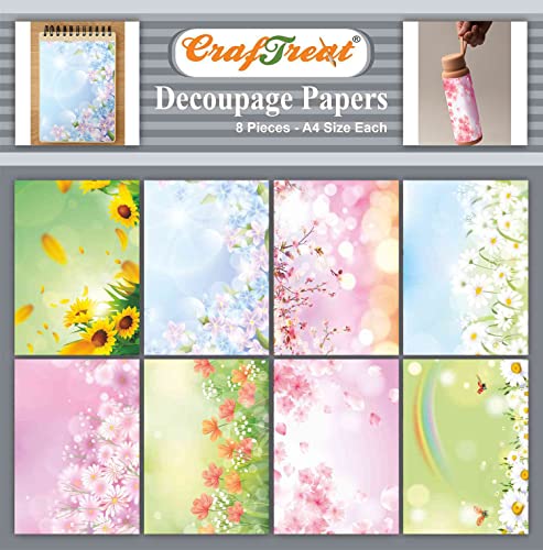 CrafTreat Decoupage-Papier, 8 Stück, A4-Größe (21,6 x 29,9 cm), Frühlingsblumen-Design, Bastelbedarf für Erwachsene, Vintage-Papier für Scrapbooking und Tagebücher