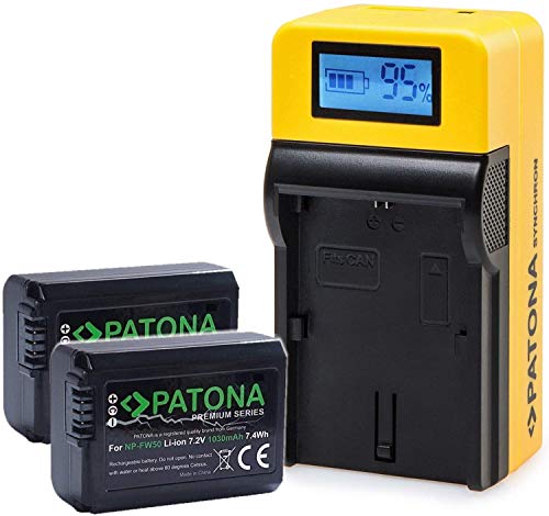 PATONA Premium Akku (2X) - Ersatz für Akku Sony NP-FW50 - mit LCD top Ladegerät - USB-Ausgang, zum Laden eines Drittgerätes (Smartphone usw.)