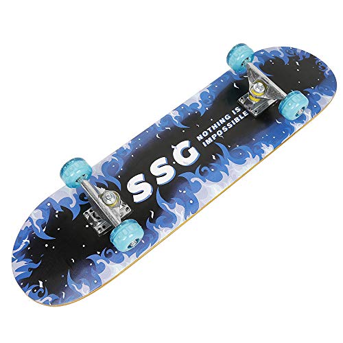 Vendeur pro Skateboard für Anfänger, Geburtstagsgeschenk für Teenager und Erwachsene, blaues Feuermuster mit vierrädrigem, leisem Skateboard aus Ahorn 79 * 20 * 13 cm (Blau)