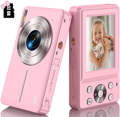 Digitalkamera mit 32G Micro SD-Karte, 1080P Kinderkamera 44MP HD Fotokamera Kompaktkamera mit 2,4" LCD Bildschirm 16X Digitalzoom und 1 Batterie für Kinder, Studenten, Anfänger-Rosa