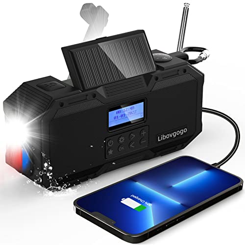 Tragbares DAB FM-Radio mit wasserdichtem Bluetooth-Lautsprecher, Kurbelradio mit Handyladefunktion Solar, 4000mAh Powerbank, Taschenlampe, Stroboskoplicht, Leselicht, Thermometer, Wecker, SOS-Alarm