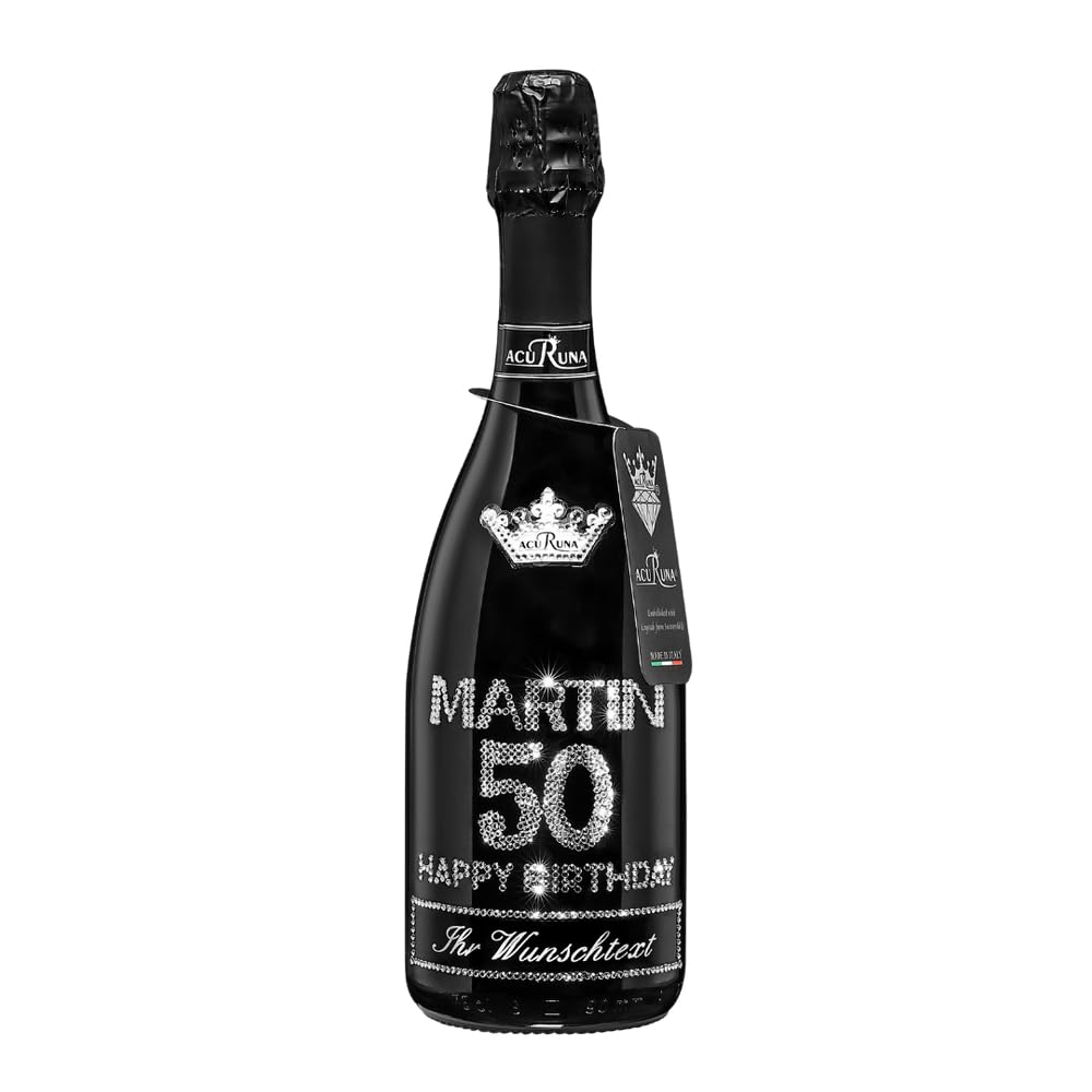 personalisierte Prosecco Flasche 0,75 l verziert mit Strass Steine - das perfekte Geburtstagsgeschenk Motiv: MARTIN 50