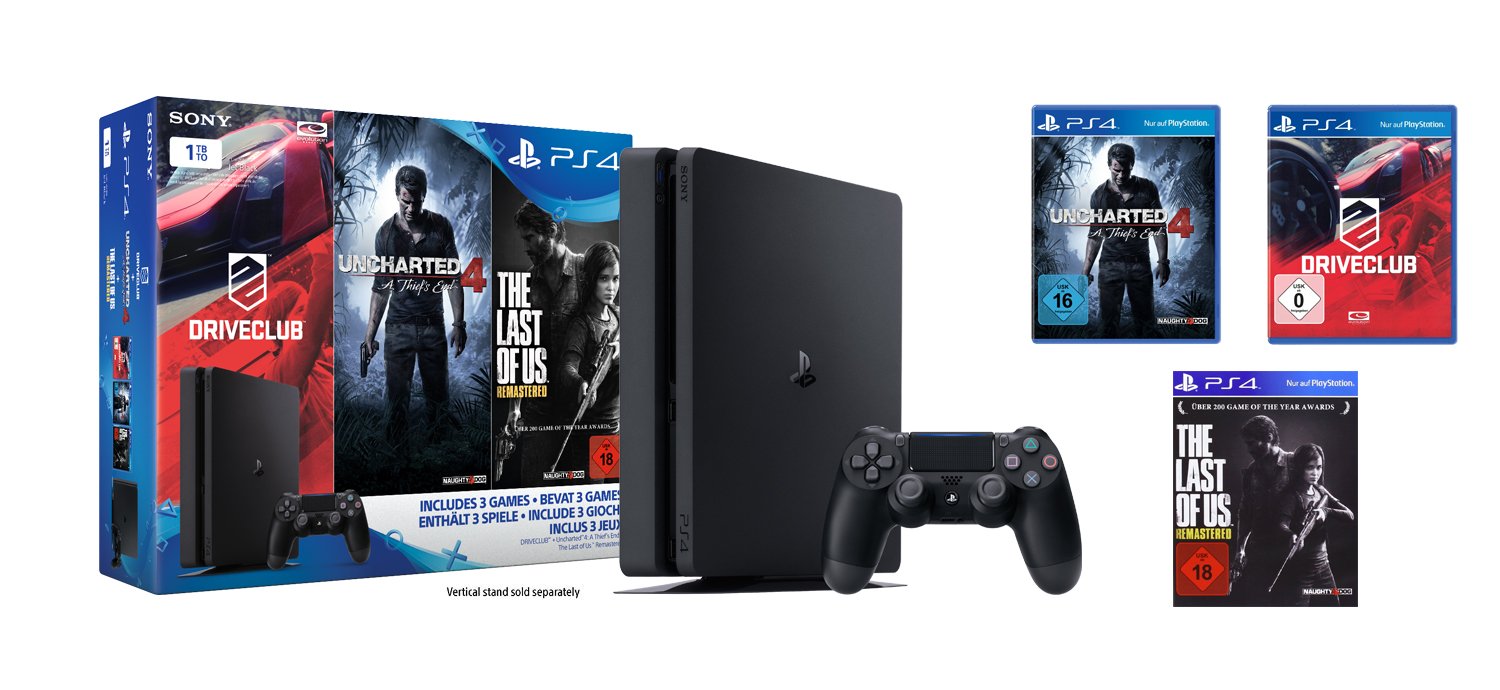 PlayStation 4 - Konsole (1TB, schwarz,slim) inkl. Uncharted 4 + Driveclub + The Last of Us