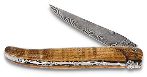 LAGUIOLE en Aubrac Messer 12 cm - Griff geflammter Ahorn Plein Manche - Zisellierte Platine - Damastklinge - Frankreich Taschenmesser