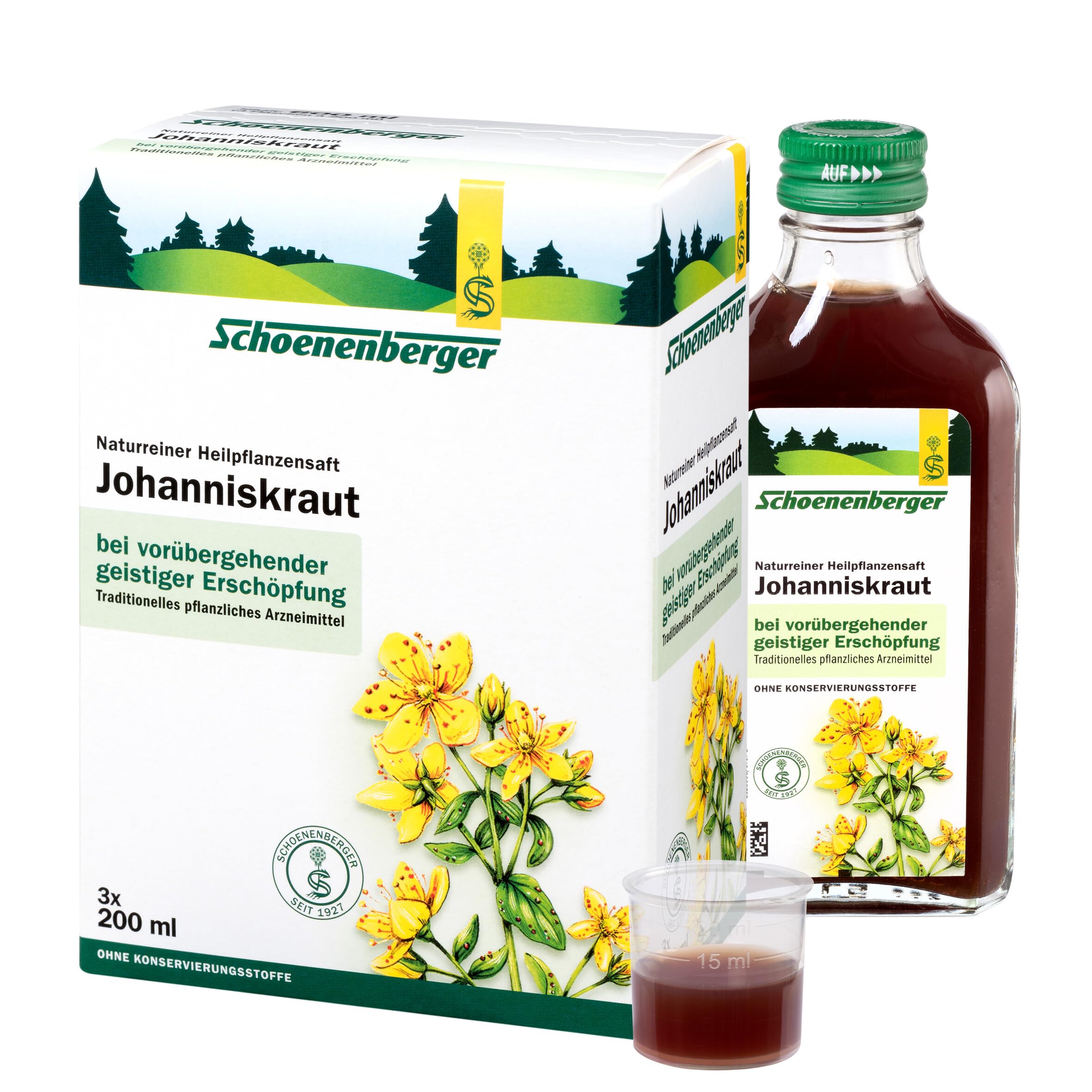 Schoenenberger - Johanniskraut naturreiner Heilpflanzensaft - 3x 200 ml (600 ml) Glasflaschen - freiverkäufliches Arzneimittel - zur Linderung vorübergehender geistiger Erschöpfung