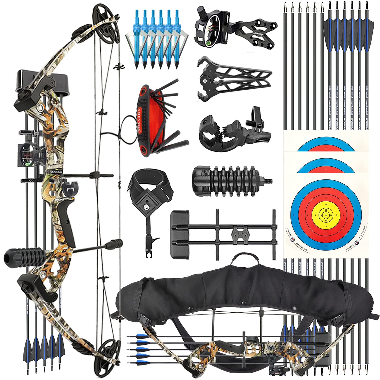 ZSHJGJR Compound Bogen Set Bogenset für Bogenschießen Sportbogen Verstellbarer Jagd Compoundbogenset 30-55 lbs 310fps Jagdausrüstung mit Komplettes Zubehör Kit (Camo, Rechtshänder)