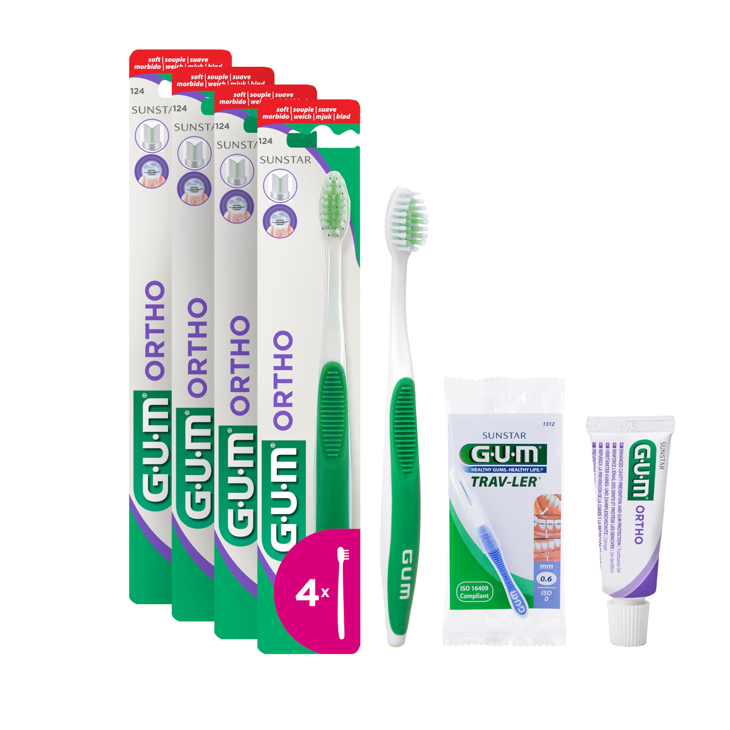 GUM Ortho Zahnbürste | Kompakter Kopf mit V-förmigen weichen Borsten | zur Reinigung von Halterungen und Drähten | rutschfester Griffgriff | 4 x 1 Stück (mit 2 Bonusproben)