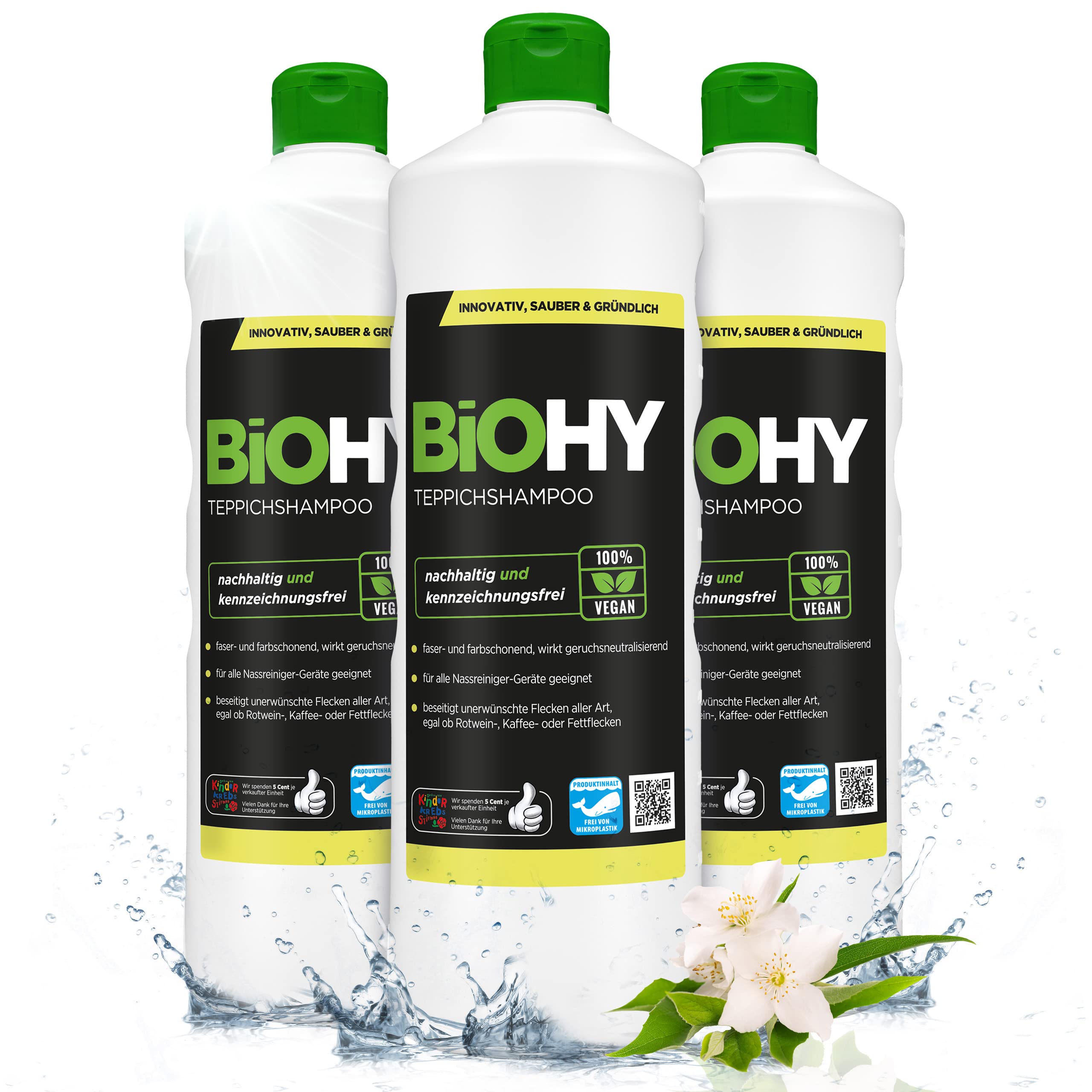 BiOHY Teppichshampoo (3 x 1 Liter) | Teppichreiniger Konzentrat | ideal gegen hartnäckige Flecken | materialschonend & tierfreundlich | effektives Bio Mittel | kraftvoller Teppich Schaum