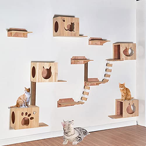 Katzenwandregal und Bett, modernes Katzenmöbel zur Wandmontage mit 3 Katzenhängematten und 4 Stufen Katzentreppen, für mittelgroße/große Katzen zum Klettern