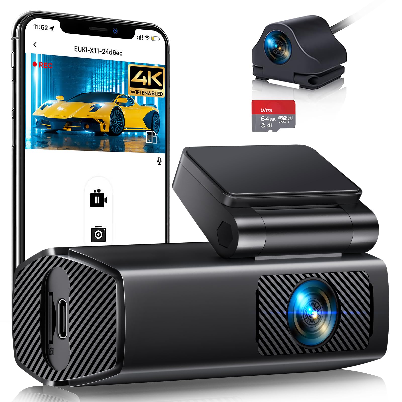 Dashcam Auto Vorne Hinten 4K/2,5K+1080P WiFi Auto Kamera, Loop-Aufnahme 170 ° Weitwinkel WDR, Super Nachtsicht, App Steuerung, G-Sensor, Parküberwachung, Innen mit 64GB SD-Karte