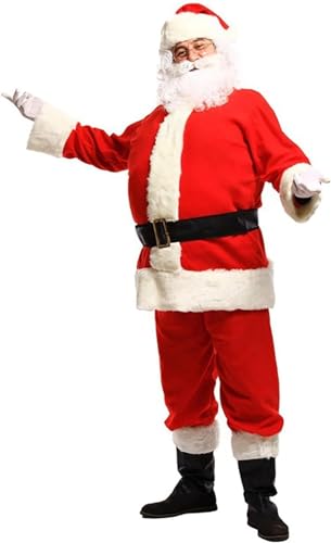 Weihnachts-Weihnachtsmann-Kostüm for Herren, Erwachsene, Weihnachtsmann-Outfit, Rot, 5-teilig, Weihnachtsmann-Anzug-Set, Cosplay-Party, Weihnachtsanzug, inklusive weißem Bart, Hut, Mantel, Hose und Gü