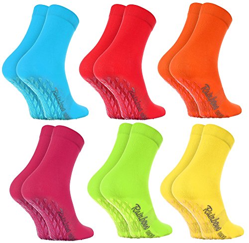 Rainbow Socks - Damen Herren Bunte Baumwolle Antirutsch Socken ABS - 6 Paar - Blau Rot Orange Pink Grün Gelb - Größen EU 39-41