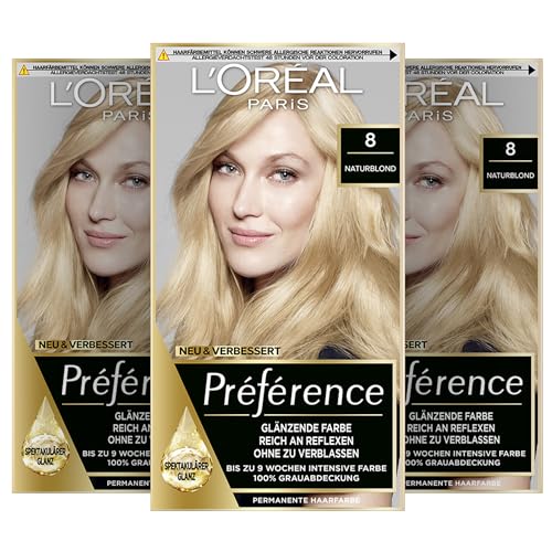 L'Oréal Paris Permanente Haarfarbe, Haarfärbeset mit Coloration und Farbglanz-Pflegebalsam, Préférence, 8 Naturblond (Cailfornia), 3er Set