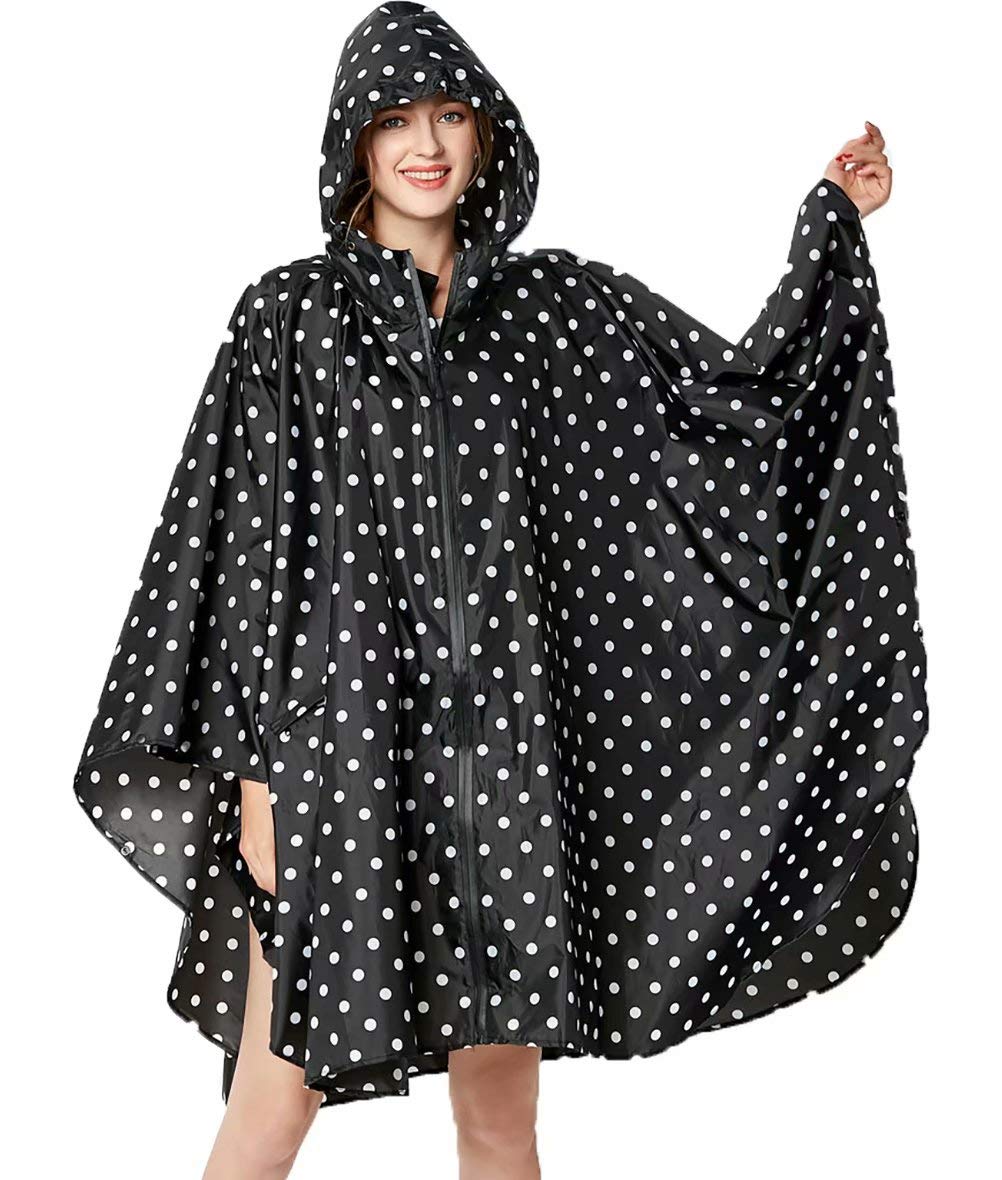 NUUR Damen Regenponcho Regenmantel Unisex Regenjacke Wasserdicht Regencape Wiederverwendbar mit Kapuze Schwarz Punkten