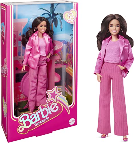 Barbie Gloria - Sammelpuppe im dreiteiligen Pink-Hosenanzug, inspiriert von America Ferreras Filmcharakter, beweglich und mit metallischen Plateau-High-Heels, für Kinder ab 3 Jahren, HPJ98