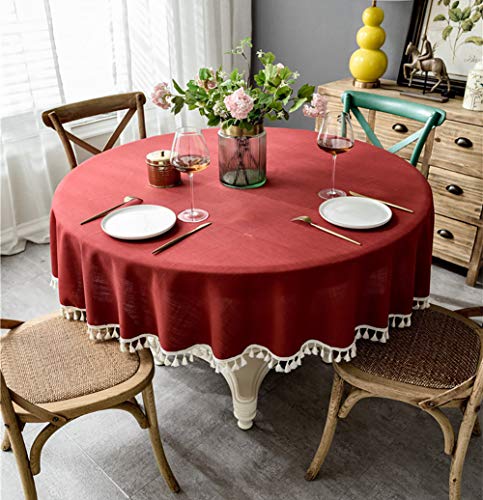 Naturer Rund Tischdecke 100% Polyesterr Tischtuch mit Quaste Pflegeleichte Tischwäsche Tischläufer Farbe wählbar Ø180cm Rot