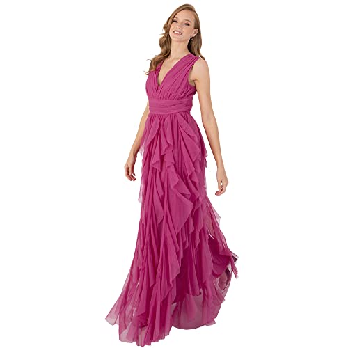 Maxi Dress for Women Ladies Long Evening Gown V Neck Back Keyhole with Ruffle Sleeveless for Wedding Guest Prom Ball Pink Size 56