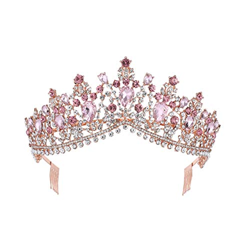 Minkissy Women Tiara with Comb, Crystal Crown Rhinestone Tiaras Headband Queen Princess Bride Crown for Lady Woman Girl (golden und rosa Strass)