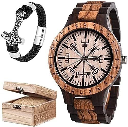 Volu Wikinger-Runen-Holzuhren Für Herren, Vintage, Handgefertigt, Mit Gravur, Verstellbare Freizeit-Armbanduhren Mit Kette Und Geschenk-Holzbox,Hilarious123