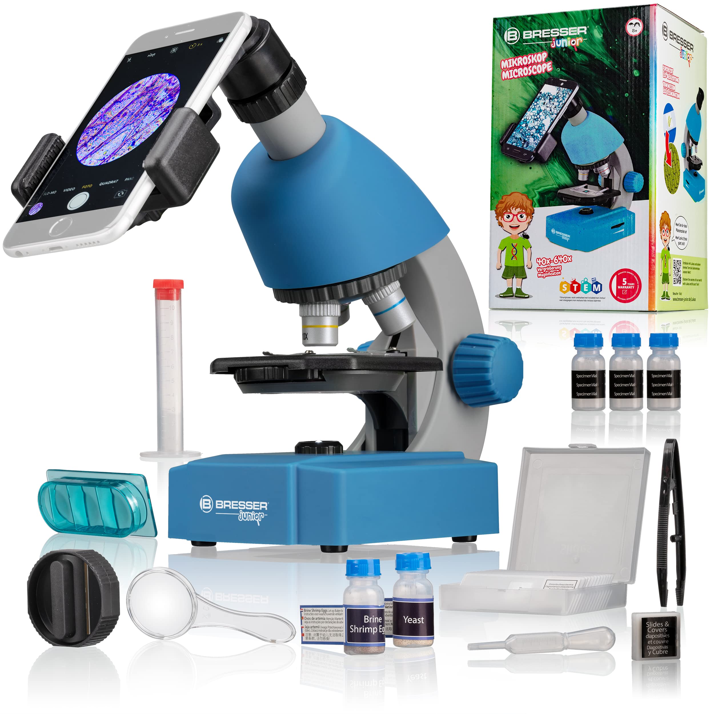 Bresser Junior Einsteiger Mikroskop 40-640x mit Durchlicht LED-Beleuchtung und mit 3 Objektiven, inklusive umfangreichem Zubehör wie Dauerpräparaten, Objektträgern und Mikroskopierbesteck, blau