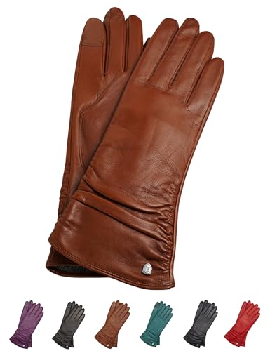AKAROA ESTD 2019 Lederhandschuhe Damen BEA, Touchfunktion, italienisches Leder, lange Form, recyceltes Strickfutter aus 50% Kaschmir und 50% Wolle, 4 Größen S - XL
