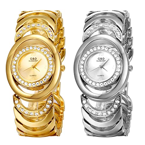 JewelryWe 2pcs Uhren Damen Analog Quarz 30m wasserdichte Armbanduhr Elegant Einzigartig Strass Oval Beiläufige Uhr mit Metall-Armband und Uhrenwerkzeug Gold/Silber