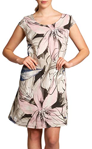 Caspar SKL035 knielanges Elegantes Damen Sommer Leinenkleid mit abstraktem Blüten Print, Farbe:beige, Größe:L - DE40 UK12 IT44 ES42 US10