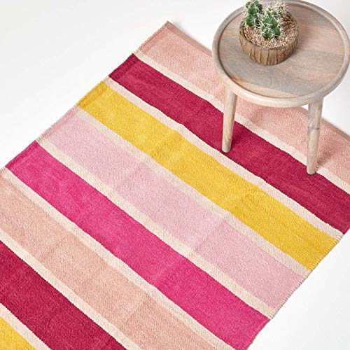 Homescapes waschbarer Chenille Streifen Teppich Vorleger 90 x 150 cm aus 100% reiner Baumwolle, Farbkombination: pink, rosa, gelb, rot und beige, pflegeleicht und strapazierfähig