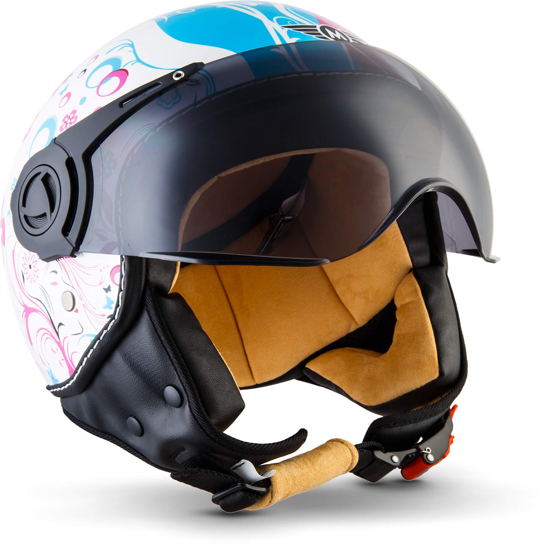 Moto Helmets® H44 „Flower“ · Jet-Helm · Motorrad-Helm Roller-Helm Scooter-Helm Bobber Mofa-Helm Chopper Retro Cruiser Vintage Pilot Biker Helmet · ECE Visier Schnellverschluss Tasche L (59-60cm)